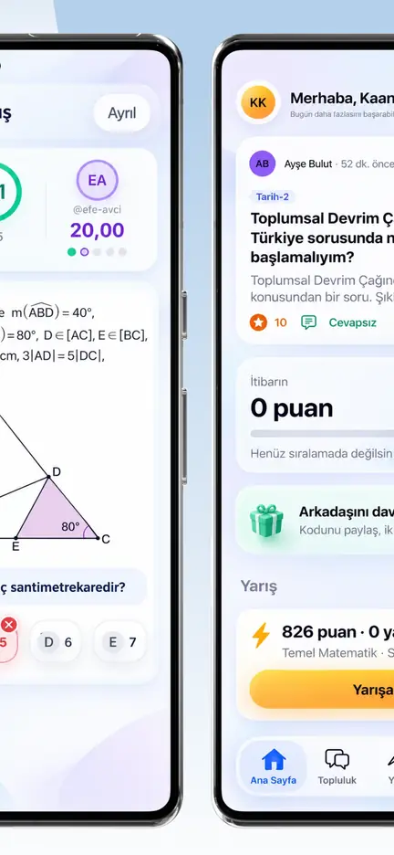 Topluluk akışı: sorular, puan durumu ve arkadaş davet kartı